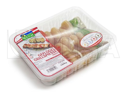 Espetinhos de frango embalados em termoseladora com atmosfera modificada (MAP)