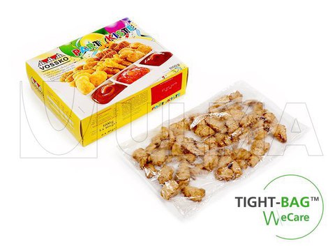 Nuggets de frango congelados embalados em  bolsa vertical com sistema Tight-bag