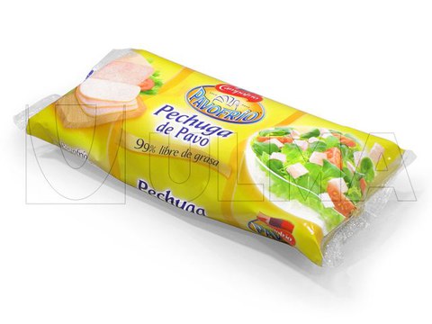 Peito de peru embalado em flow pack (hffs)