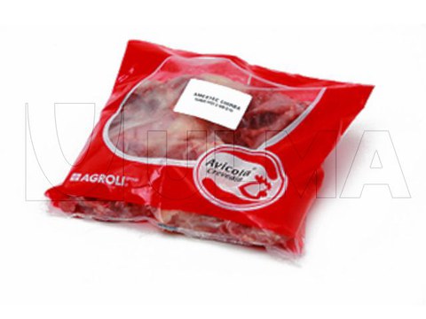 Frango em pedaços embalados em máquina vertical com atmosfera modificada e filme laminado.