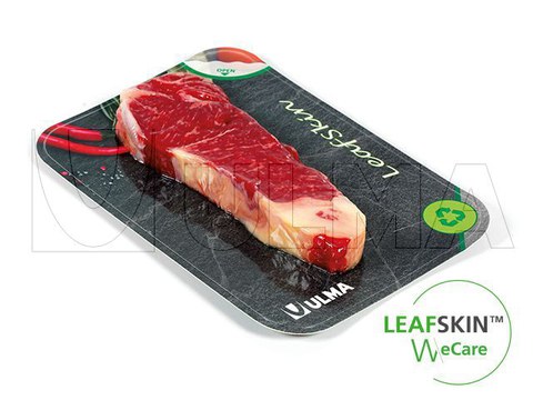 Carne embalada em termoselado com embalagem sustentável LeafSkin(TM)