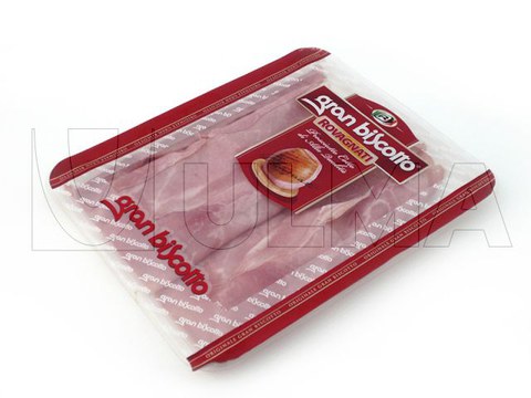 Fatiado de presunto cozido embalado em bandeja termoselada com atmosfera modificada (MAP)