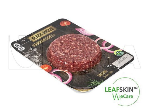Hamburgueres embalados em termoselado em solução sustentável LeafSkin(TM)