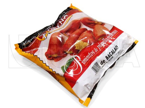 Croquetes, pimentas, mexilhões congelados embalados em máquina vertical com filme laminado.
