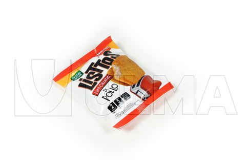 Filés empanados congelados embalados em Flowpack.