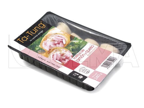 Rolinhos de presunto e queijo embalados em termoformadora com atmosfera modificada (MAP)