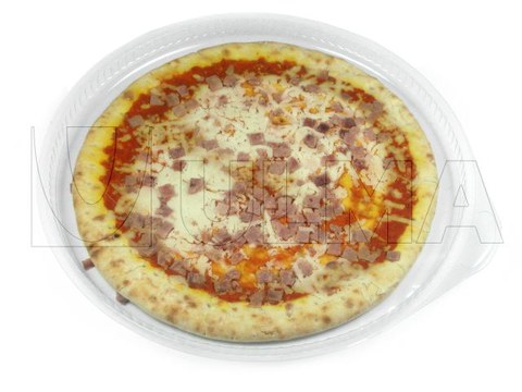 Pizza embalada em termoformadora com atmosfera modificada (MAP) em filme rígido.