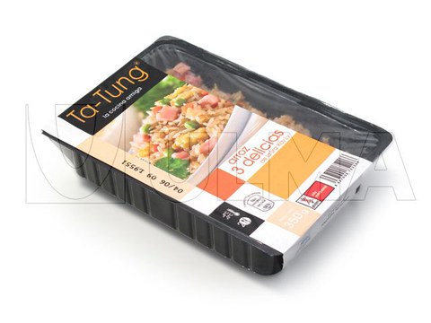 Arroz temperado embalado em termoformado com atmosfera modificada (MAP)