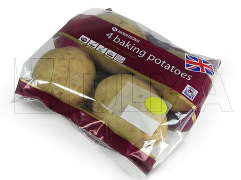 Batatas embaladas em formato prega inglesa e filme laminado