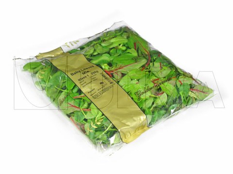 Folhas de espinafre e rucúla embalados em Vertical com atmosfera modificada(MAP) e filme BOPP.