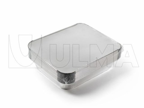 Pilhas de bandejas de aluminio embaladas e termoencolhidas para comida pré-cozida.