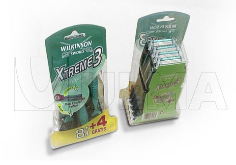 Lâminas  de barbear embaladas em blister com tampa de filme impresso.