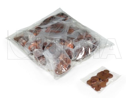 Moeda e agrupação de bolsas embaladas em Vertical com filme LDPE.