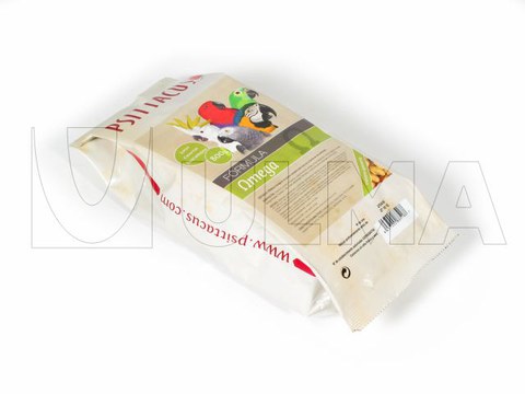 Alpiste para papagaios em fundo chato com selagem lateral.