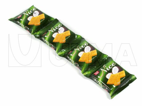 Biscoitos em tiras agrupados e embalados em Flowpack