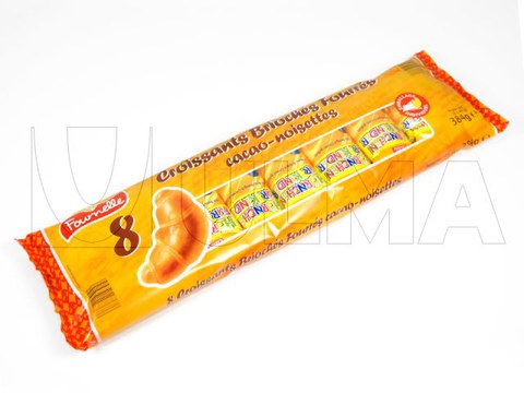 Croissants com chocolate agrupados e embalados em flow pack (hffs)