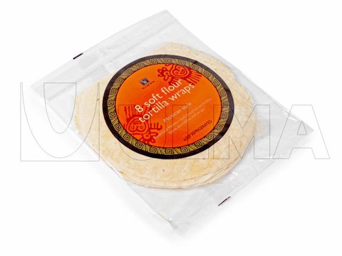 Tortilha mexicana com sistema de refechamento com zipper e atmosfera modificada MAP embalada em Flowpack