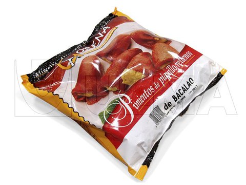 Pimentões recheados de bacalhau embalado em embaladora vertical (vffs)