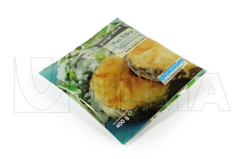 Peixe congelado embalado em máquina Vertical com filme LDPE.