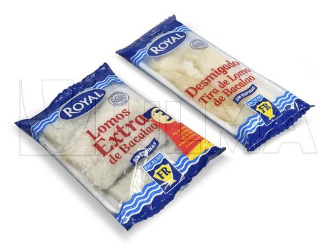 Lombo e tiras de bacalhau salgado embalados em flow pack (hffs)