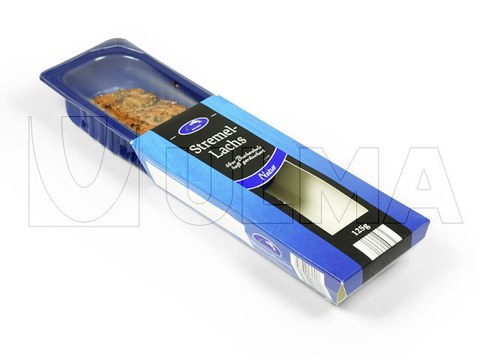 Salmão pré-cozido embalado em filme rígido termoformado