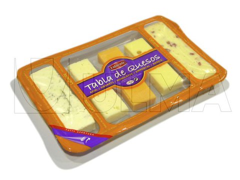 Fatiados de queijo embalados em bandeja termoselada com atmosfera modificada (MAP)
