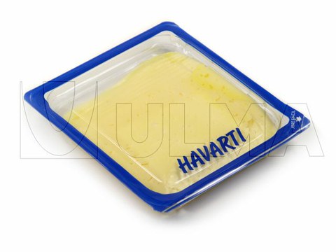 Fatias de queijo embaladas em Termoformadora com atmosfera modificada (MAP) e filme rígido.