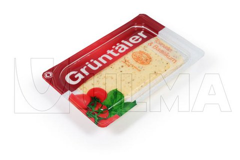 Fatias de queijo embalados em Termoformadora com atmosfera modificada (MAP) em filme rígido.